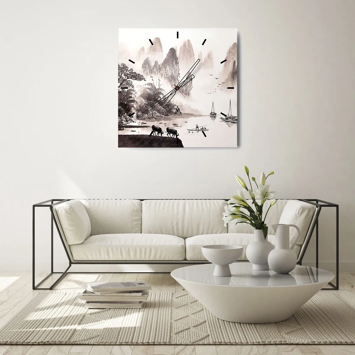 Zegar ścienny - Malowniczy pejzaż w azjatyckim stylu z mglistymi górami - 30x30cm - Egzotyczna codzienność Wschodu - Nowoczesna dekoracja ścienna do salonu i sypialni ARTTOR