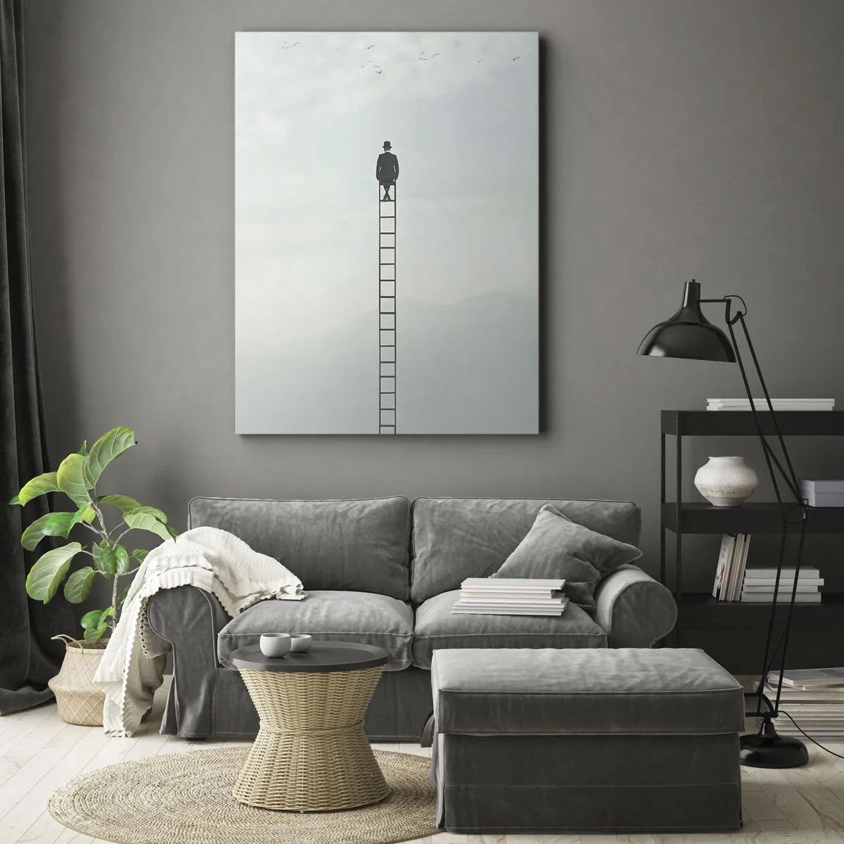 Obraz na płótnie - Sylwetka mężczyzny w kapeluszu siedzącego na szczycie drabiny wśród chmur - 50x70cm - Wznieś się ponadto - Nowoczesna dekoracja ścienna do salonu, kuchni i sypialni ARTTOR