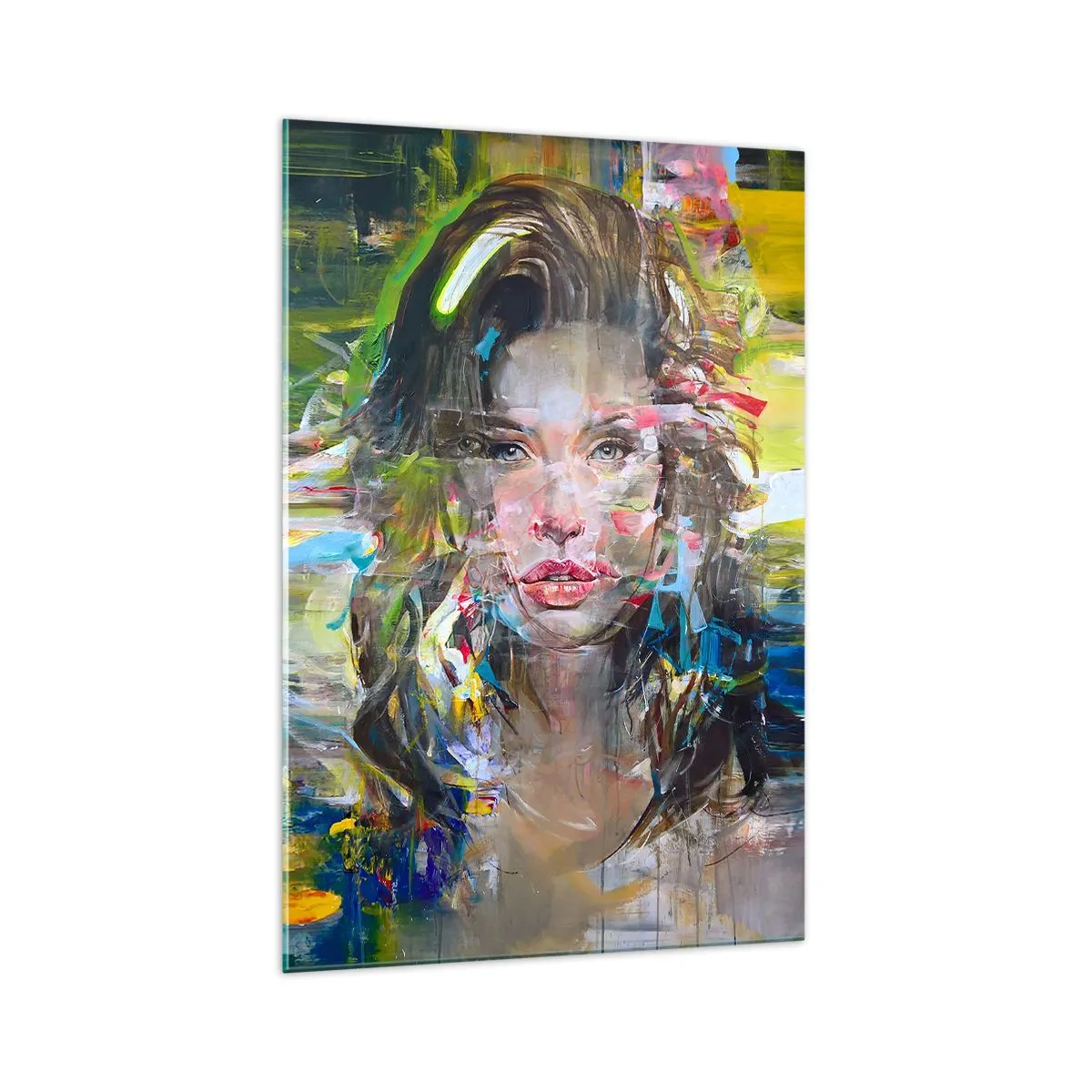 Obraz na szkle - Abstrakcyjny portret kobiety w intensywnych kolorach - 70x100cm - Za powietrza zasłoną - Nowoczesna dekoracja ścienna do salonu i sypialni ARTTOR