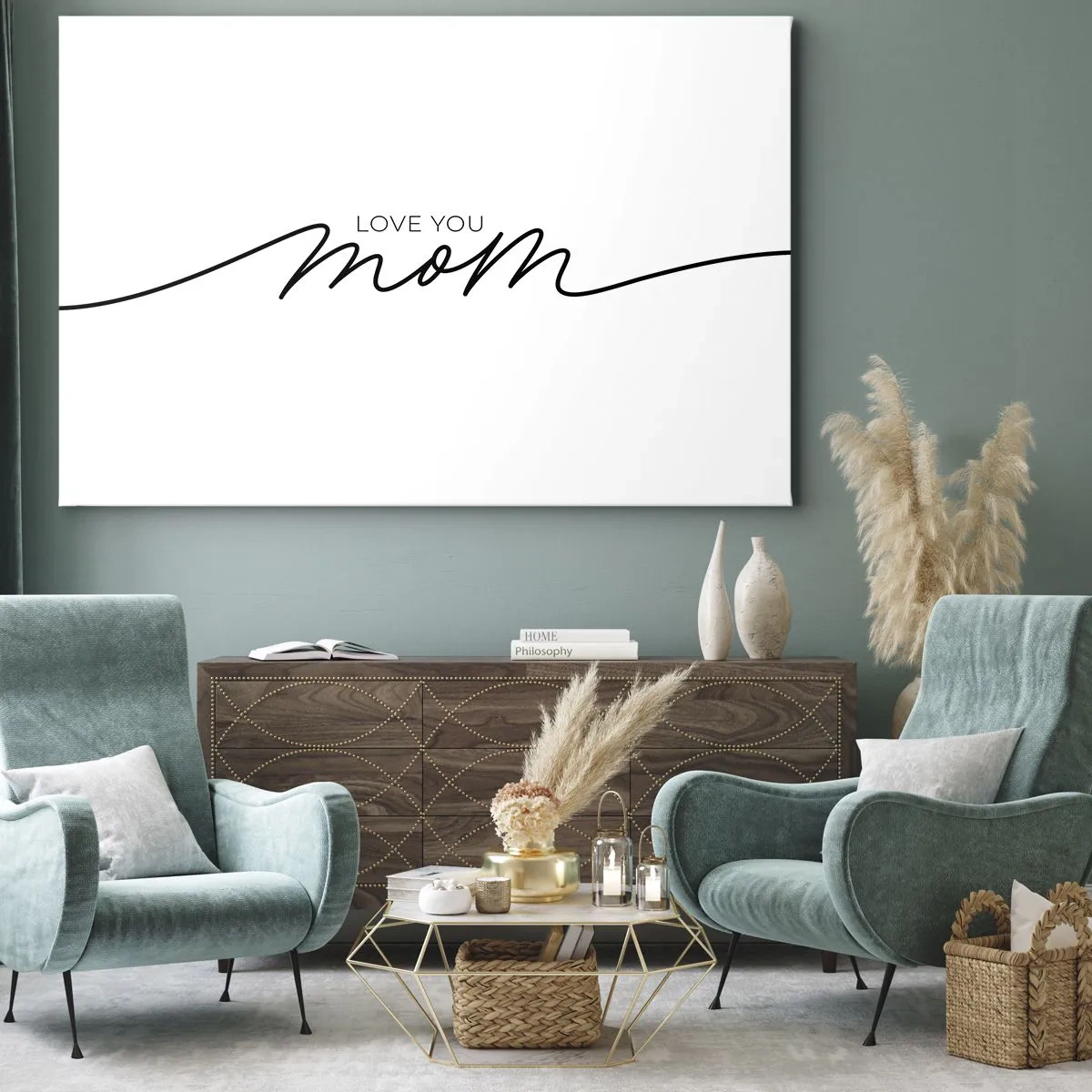 Obraz na płótnie - Minimalistyczny napis Love You Mom na białym tle - 70x50cm - Wielkie wzruszenie - Nowoczesna dekoracja ścienna do salonu i sypialni ARTTOR