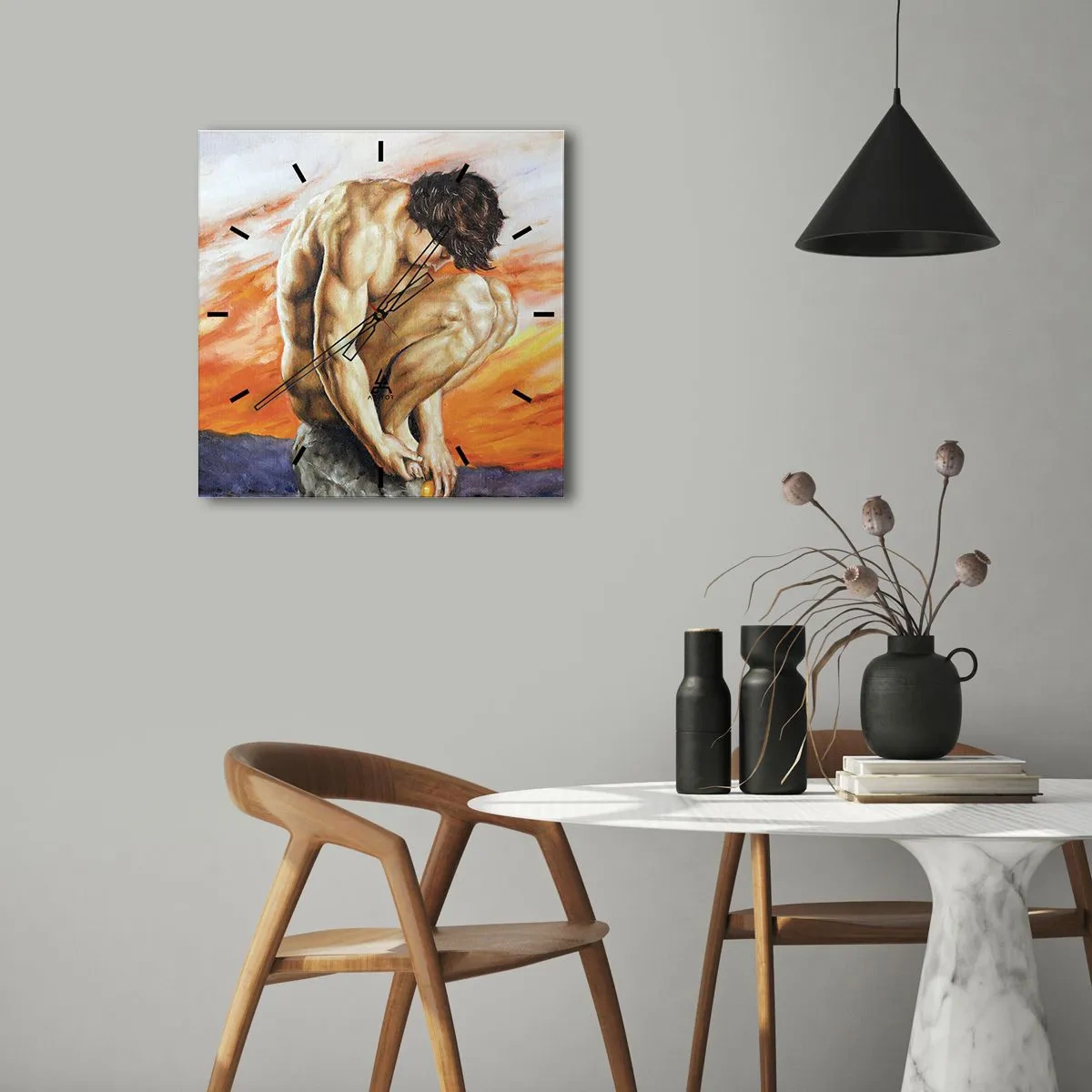 Zegar ścienny - Mężczyzna w zamyśleniu na tle zachodu słońca - 30x30cm - Zatopiony w sobie - Nowoczesna dekoracja ścienna do salonu i sypialni ARTTOR