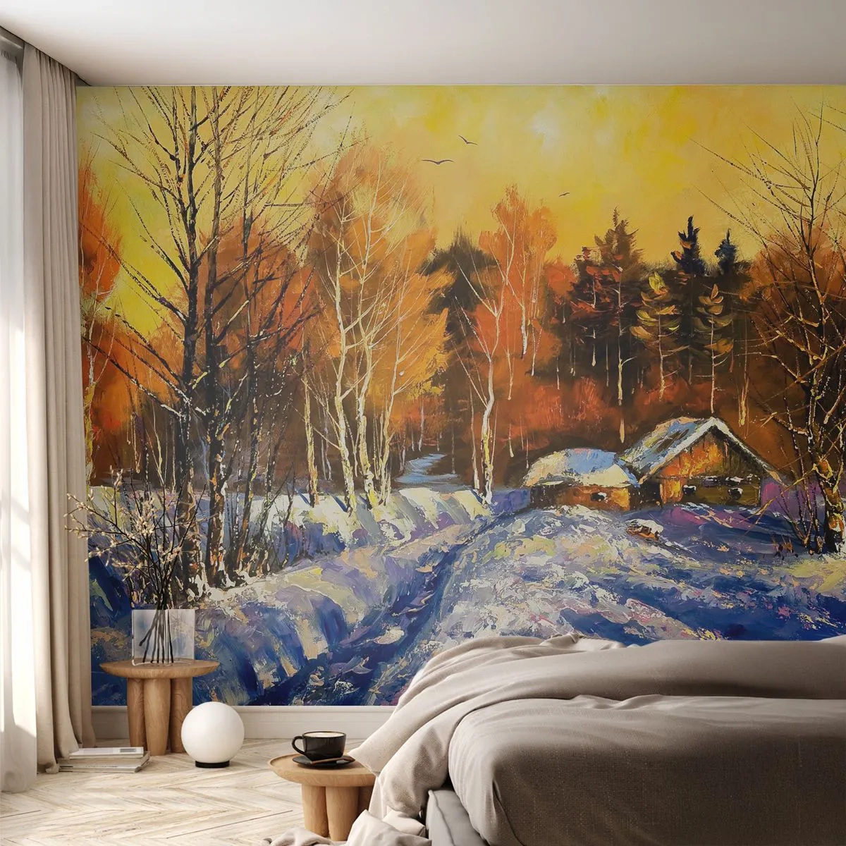 Fototapeta Premium Sand - Zimowy krajobraz z chatą w świetle zachodzącego słońca - 100x70cm - Zimowa impresja w słońcu - Nowoczesna dekoracja ścienna do salonu, kuchni i sypialni ARTTOR