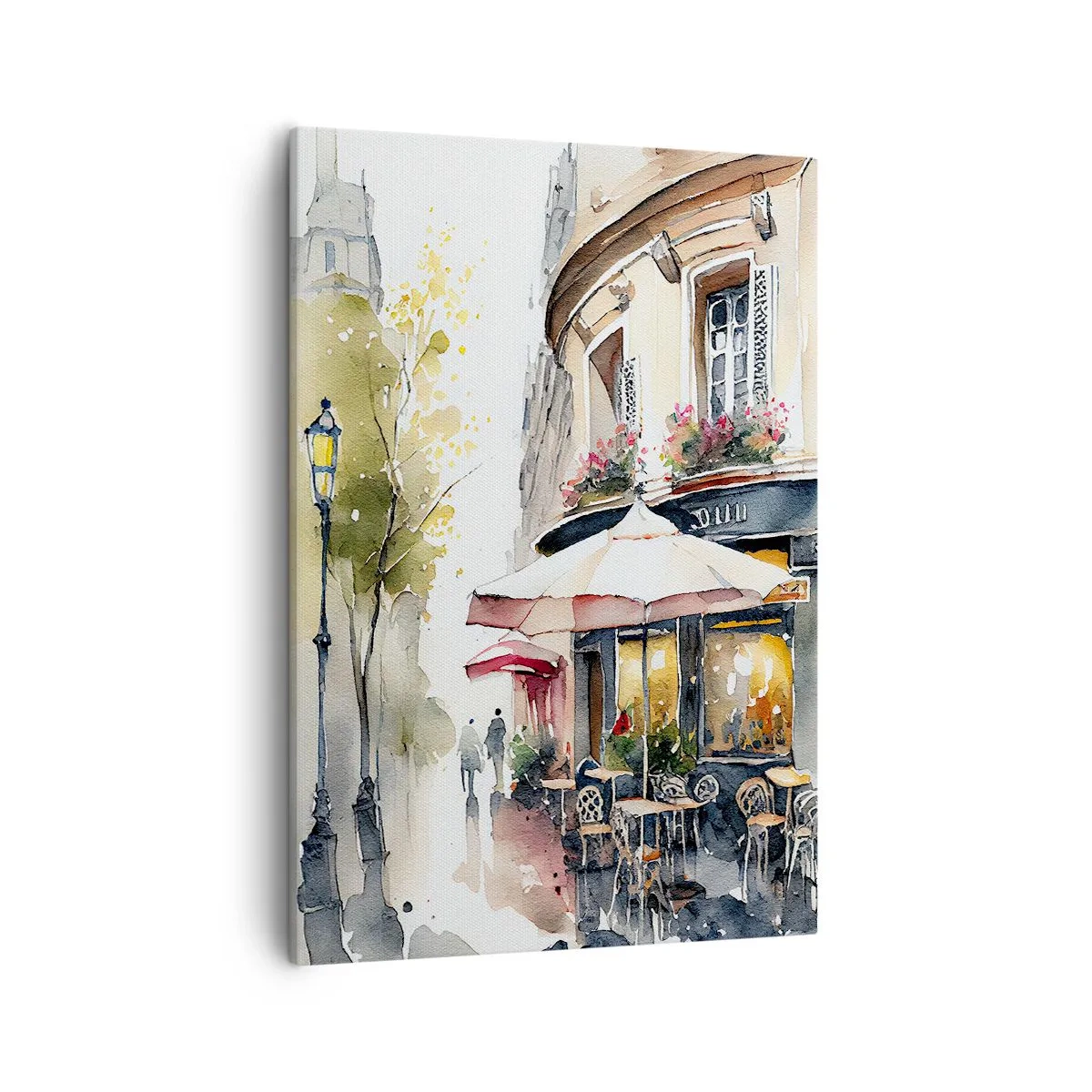Obraz na płótnie - Urocza kawiarnia na rogu ulicy w akwarelowym stylu - 50x70cm - Paryski poranek - Nowoczesna dekoracja ścienna do salonu, kuchni i sypialni ARTTOR