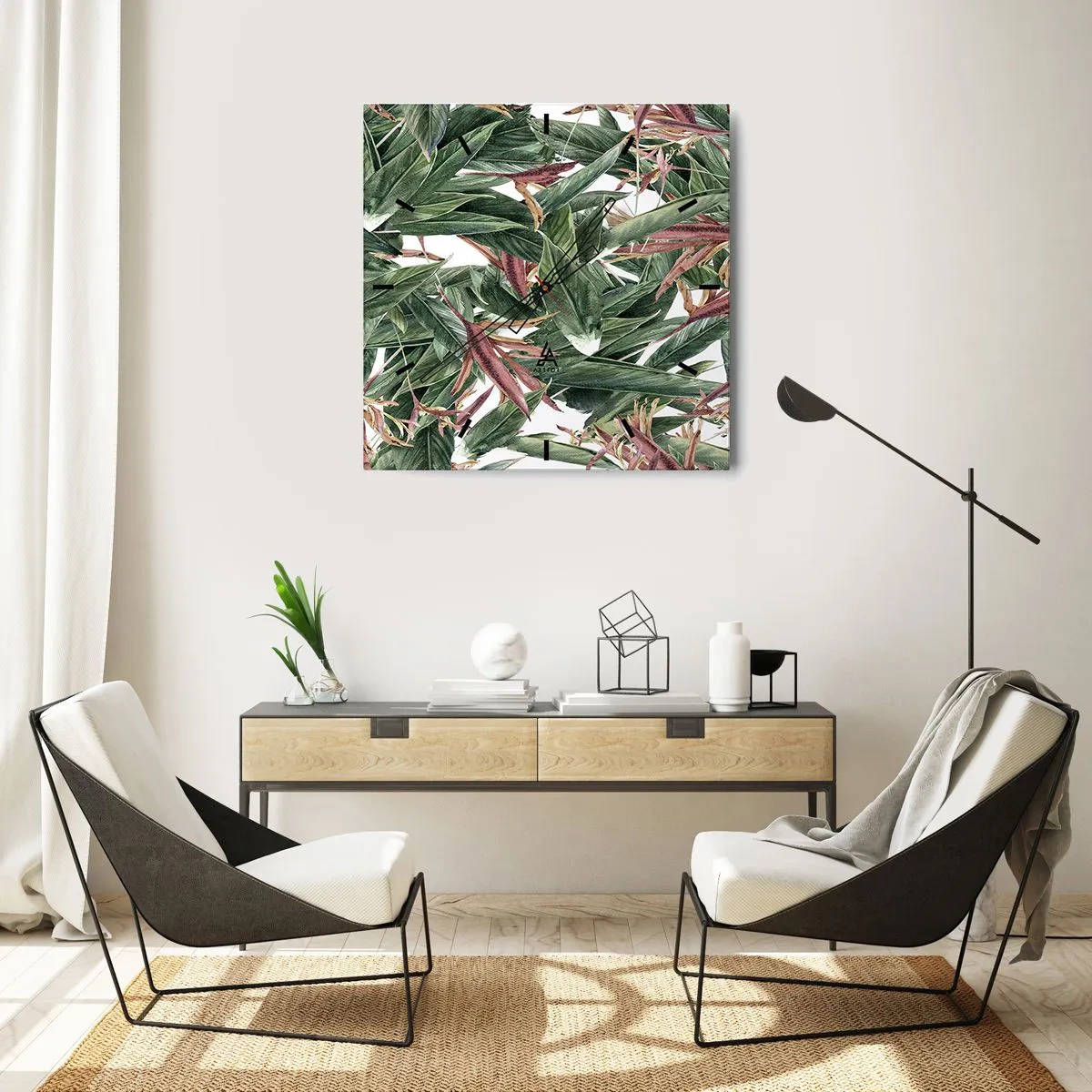 Zegar ścienny - Dekoracyjny motyw liści w odcieniach zieleni i bordo na jasnym tle - 30x30cm - Szmaragdowo-liliowy gąszcz - Nowoczesna dekoracja ścienna do salonu i sypialni ARTTOR