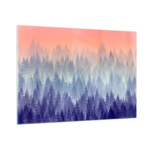 Obraz na szkle - Tajemniczy las iglasty w pastelowych odcieniach poranka - 100x70cm - Wysoko, wyżej, do nieba - Nowoczesna dekoracja ścienna do salonu, kuchni i sypialni ARTTOR