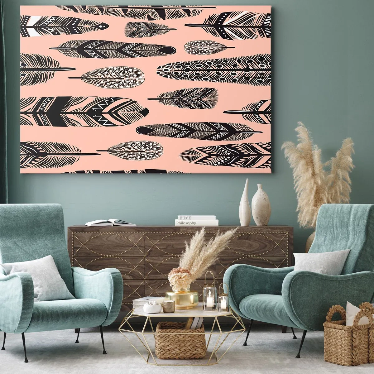 Obraz na płótnie - Dekoracyjne pióra na jasnym tle - 70x50cm - Indiańska kolekcja - Nowoczesna dekoracja ścienna do salonu i sypialni ARTTOR