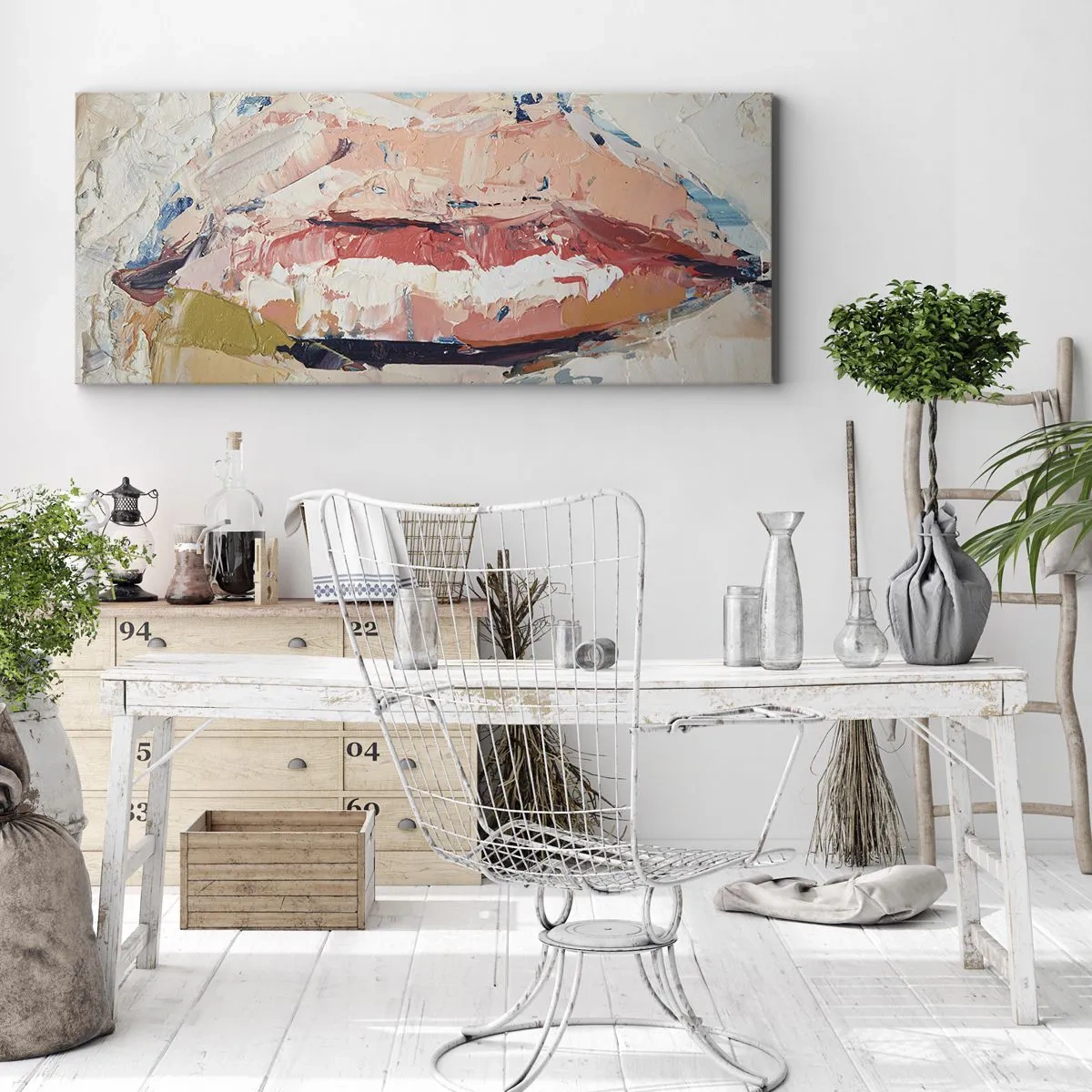 Obraz na płótnie - Abstrakcyjna kompozycja przedstawiająca kobiece usta w pastelowych barwach - 160x50cm - Budzi zmysły - Nowoczesna dekoracja ścienna do salonu i sypialni ARTTOR