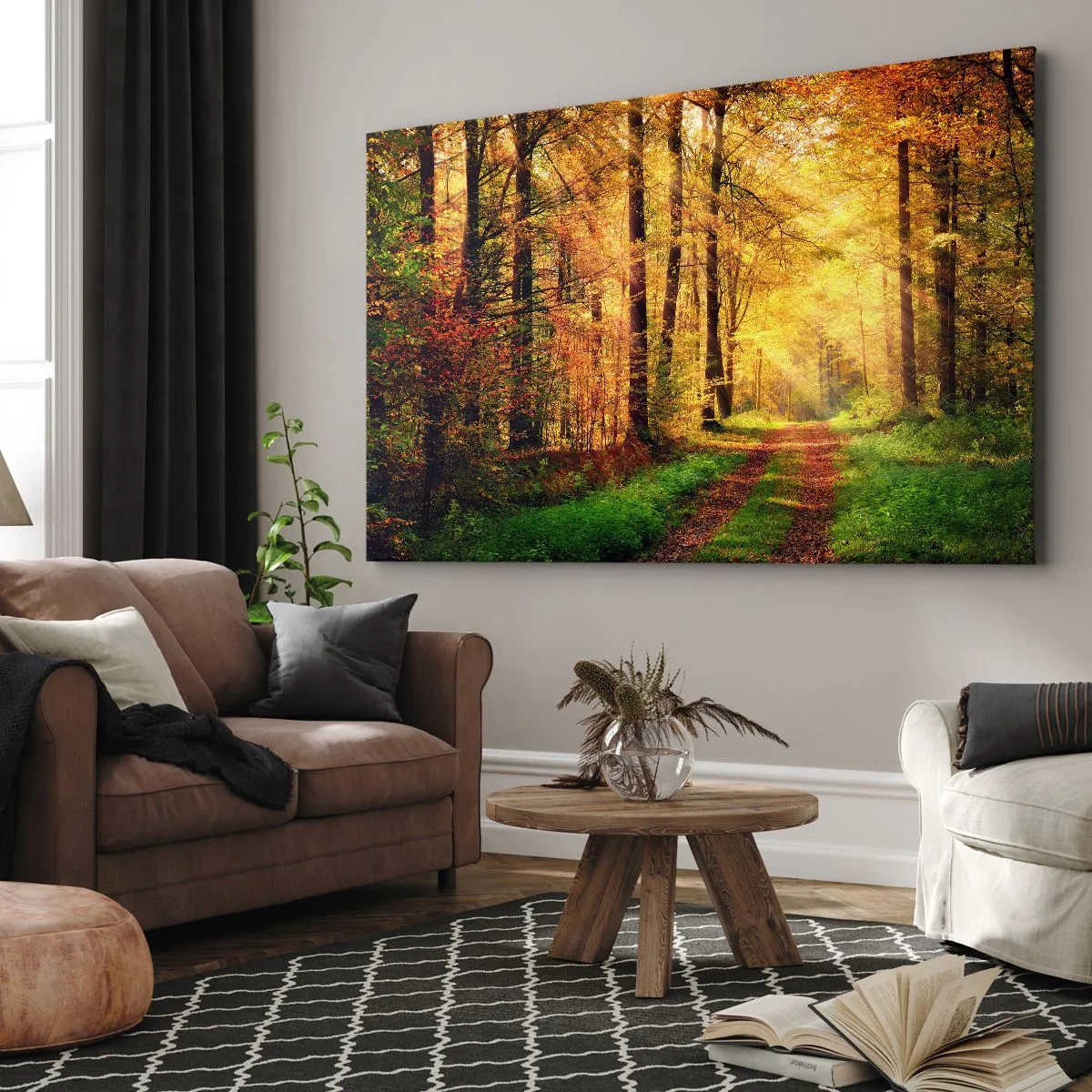 Obraz na płótnie - Leśna ścieżka otoczona złotymi i zielonymi drzewami - 120x80cm - Leśno-złota cisza - Nowoczesna dekoracja ścienna do salonu, kuchni i sypialni ARTTOR