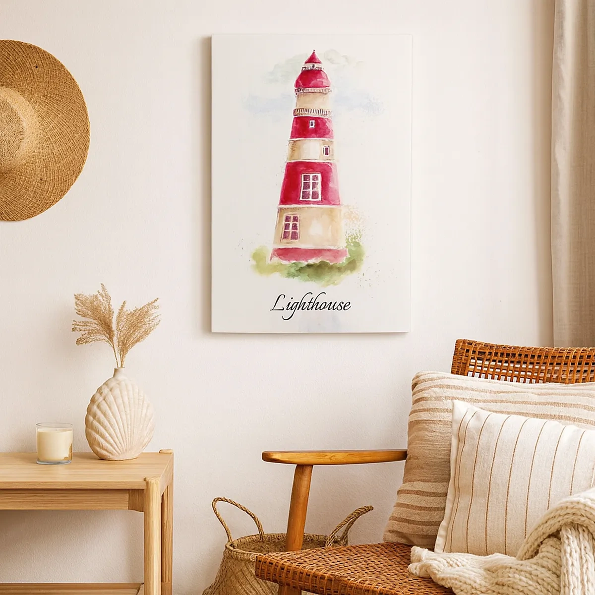 Obraz na płótnie - Akwarelowa ilustracja czerwono-białej latarni morskiej z napisem Lighthouse - 50x70cm - Wokół zawsze pogoda - Nowoczesna dekoracja ścienna do salonu, kuchni i sypialni ARTTOR