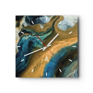 Zegar ścienny - Abstrakcyjne fale w odcieniach złota i niebieskiego - 30x30cm - Niebieski – zółty – wzajemne wpływy - Nowoczesna dekoracja ścienna do salonu i sypialni ARTTOR