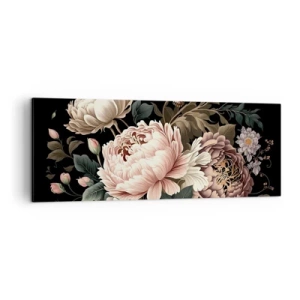 Obraz na płótnie - Bukiet różowych kwiatów i motyli na czarnym tle - 140x50cm - W barokowym stylu - Nowoczesna dekoracja ścienna do salonu i sypialni ARTTOR