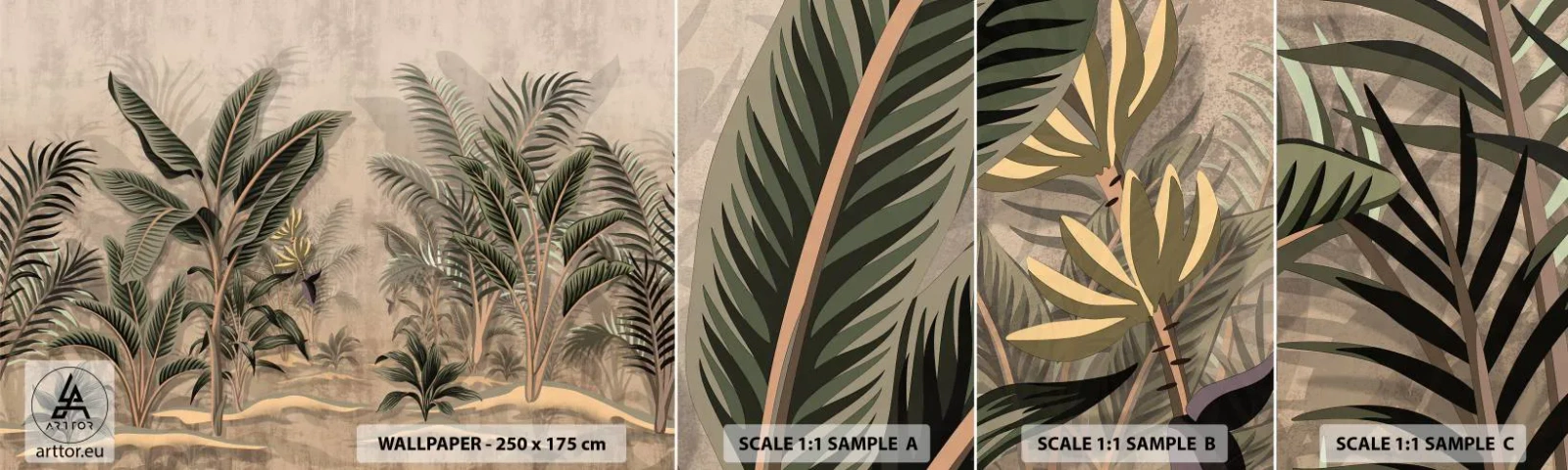 Fototapeta Próbka Samoprzylepna Deluxe Sticker - Rycina w kolonialnym stylu - Las Tropikalny, Palma Kokosowa, Bananowiec - 100x30 cm