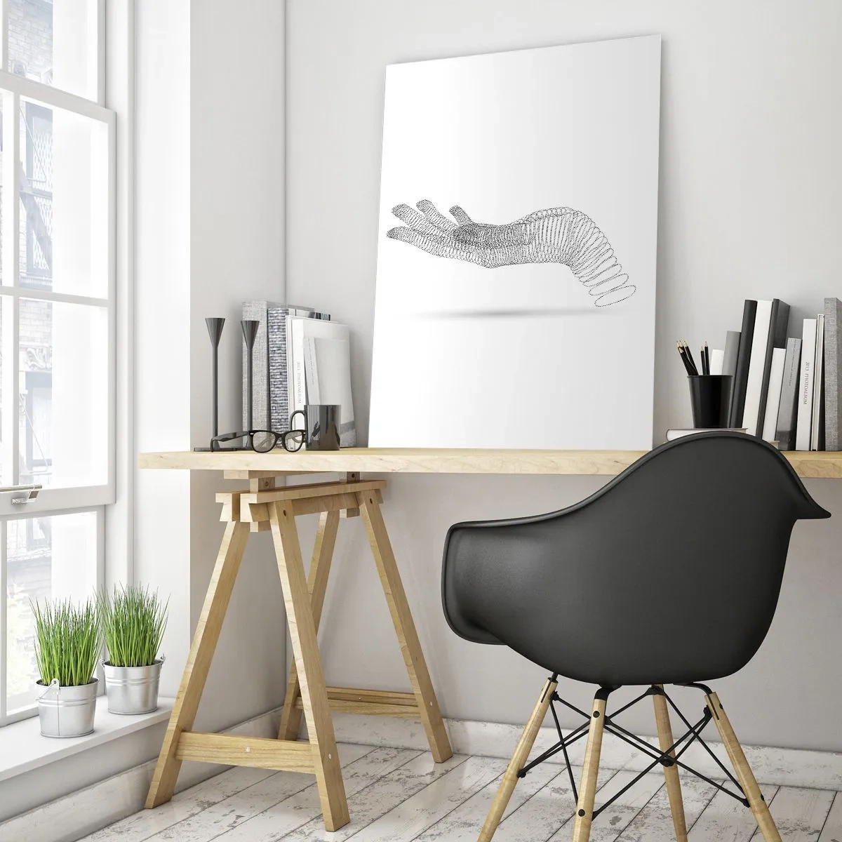 Obraz na szkle - Minimalistyczna ilustracja dłoni stworzona z czarnych kropek na białym tle - 80x120cm - Sprężysta dłoń - Nowoczesna dekoracja ścienna do salonu i sypialni ARTTOR