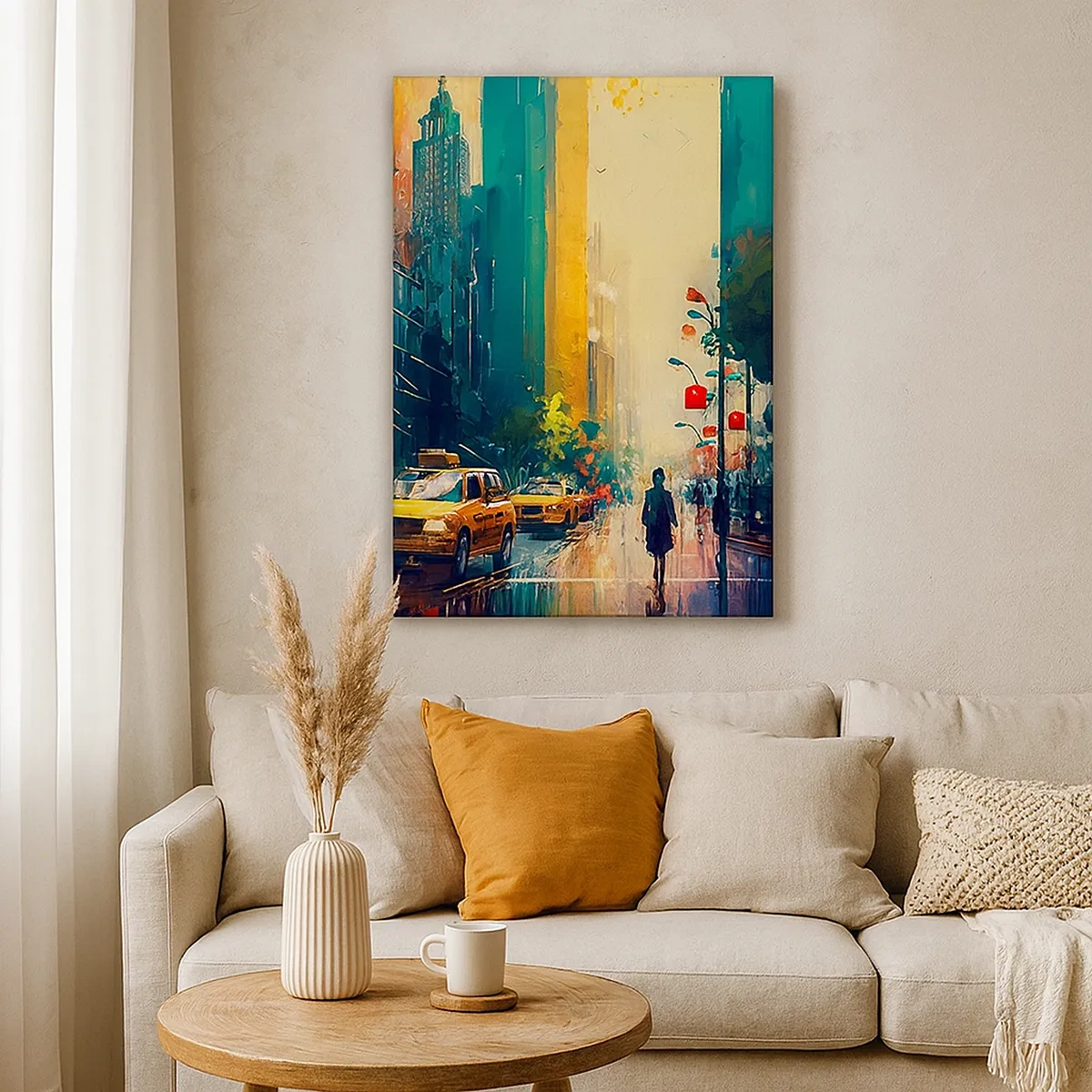 Obraz na płótnie - Kolorowa, impresjonistyczna scena uliczna Nowego Jorku w deszczu - 50x70cm - Nowy Jork – tu nawet deszcz jest kolorowy - Nowoczesna dekoracja ścienna do salonu, kuchni i sypialni ARTTOR