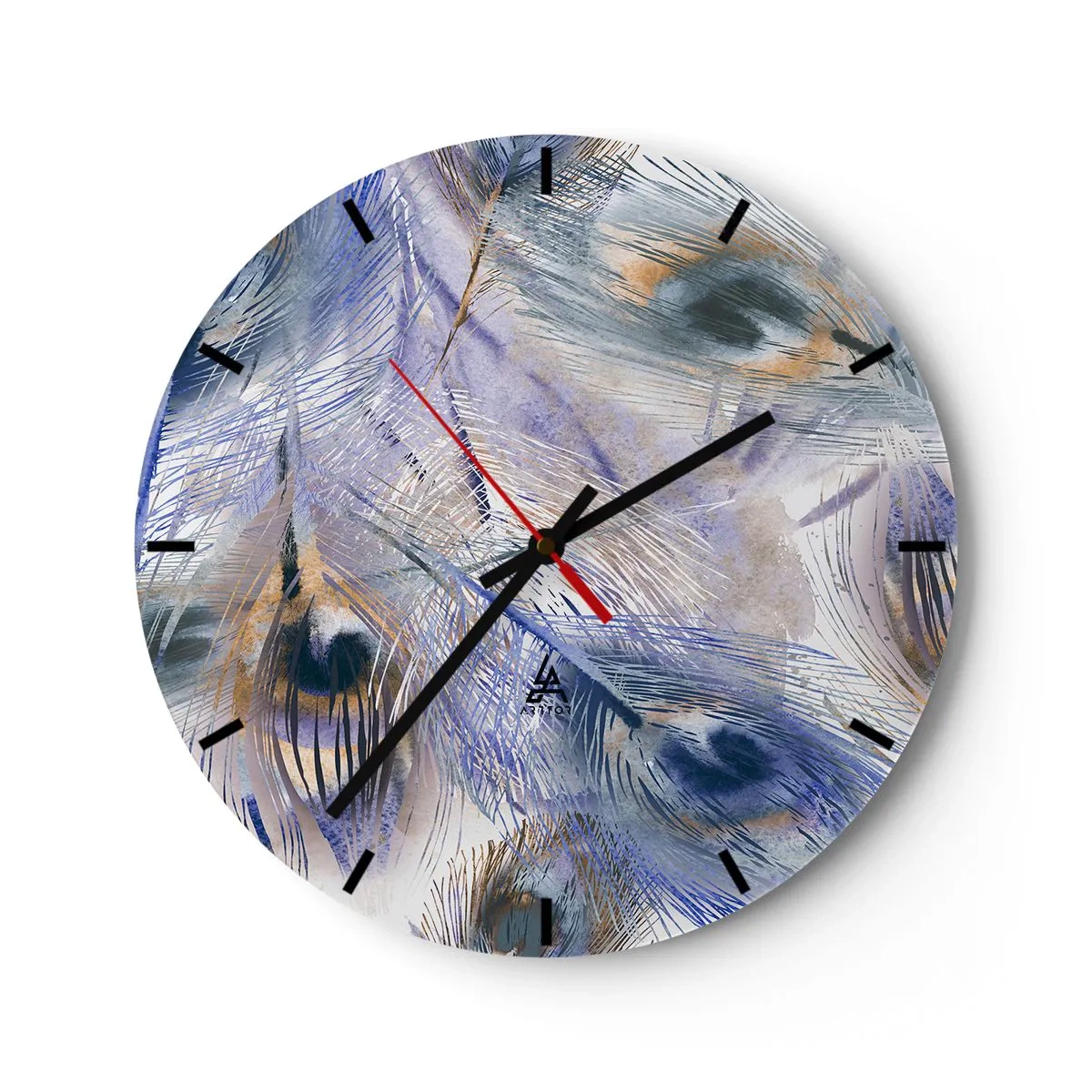 Zegar ścienny - Kompozycja inspirowana pawimi piórami w artystycznym stylu - 30x30cm - Pawiooka kompozycja - Nowoczesna dekoracja ścienna do salonu, kuchni i sypialni ARTTOR