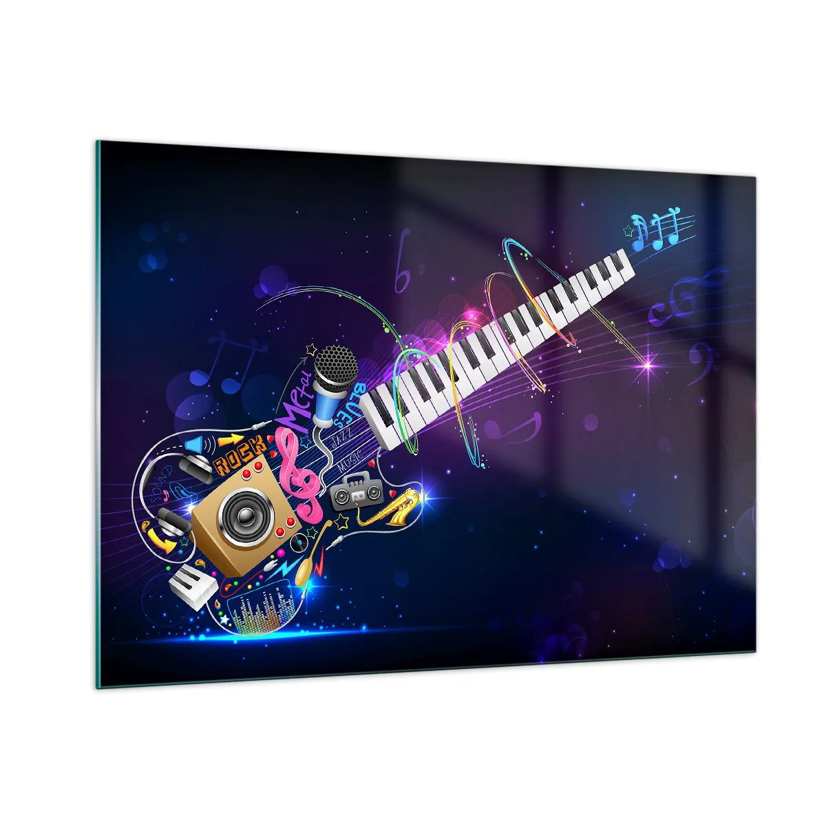 Obraz na szkle - Kolorowa kompozycja muzyczna z instrumentami i nutami - 100x70cm - I wszystko gra - Nowoczesna dekoracja ścienna do salonu, kuchni i sypialni ARTTOR