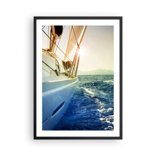 Plakat w czarnej ramie - Jacht płynący przez spokojne morze w ciepłym świetle słońca - 50x70cm - Po przygodę - Nowoczesna dekoracja ścienna do salonu i sypialni ARTTOR
