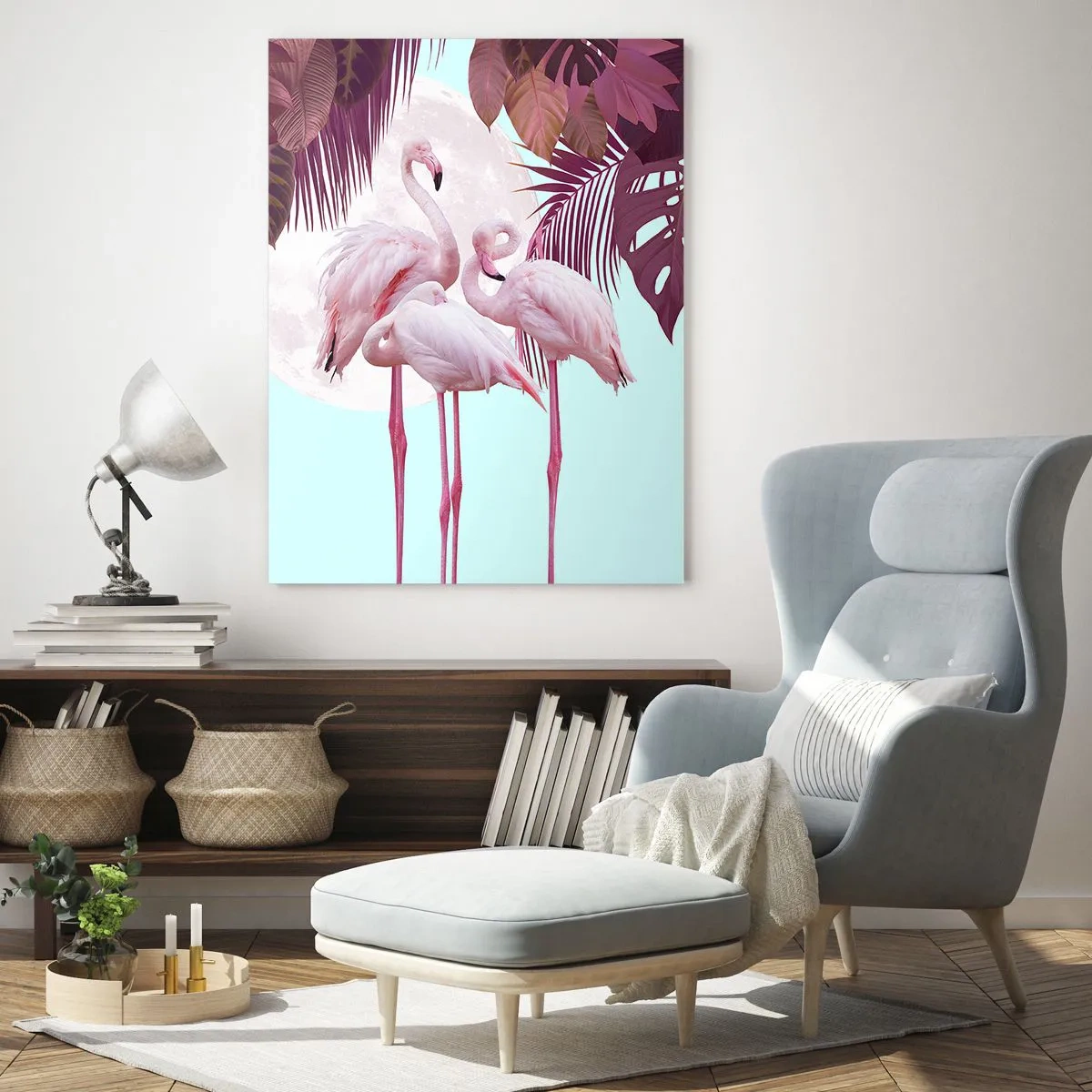 Obraz na szkle - Różowe flamingi na tle księżyca i tropikalnych liści - 80x120cm - Trzy ptasie gracje - Nowoczesna dekoracja ścienna do salonu i sypialni ARTTOR