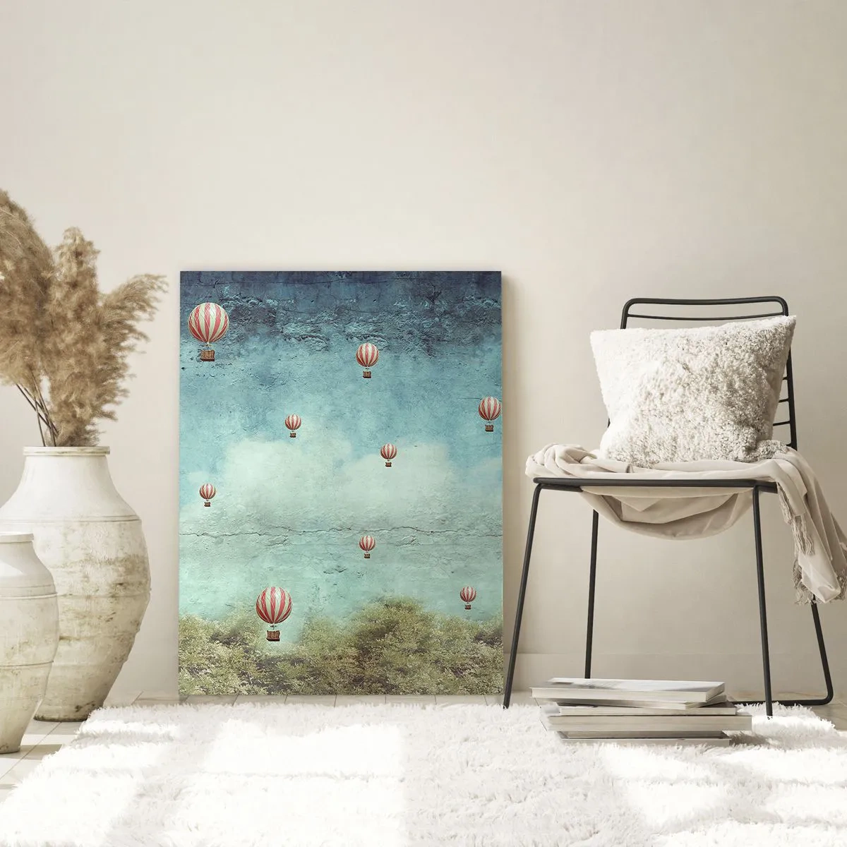 Obraz na szkle - Balony unoszące się nad zielonym krajobrazem - 50x70cm - Wolni od zgiełku życia - Nowoczesna dekoracja ścienna do salonu, kuchni i sypialni ARTTOR