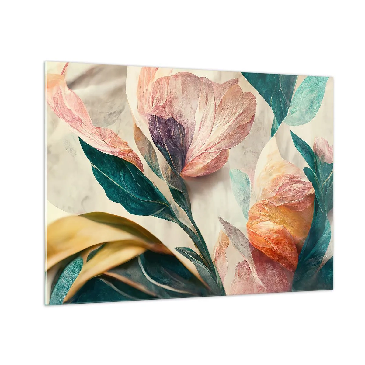 Obraz na szkle - Egzotyczne kwiaty i liście w pastelowych barwach w stylu botanicznym - 70x50cm - Kwiaty wysp południowych - Nowoczesna dekoracja ścienna do salonu i sypialni ARTTOR
