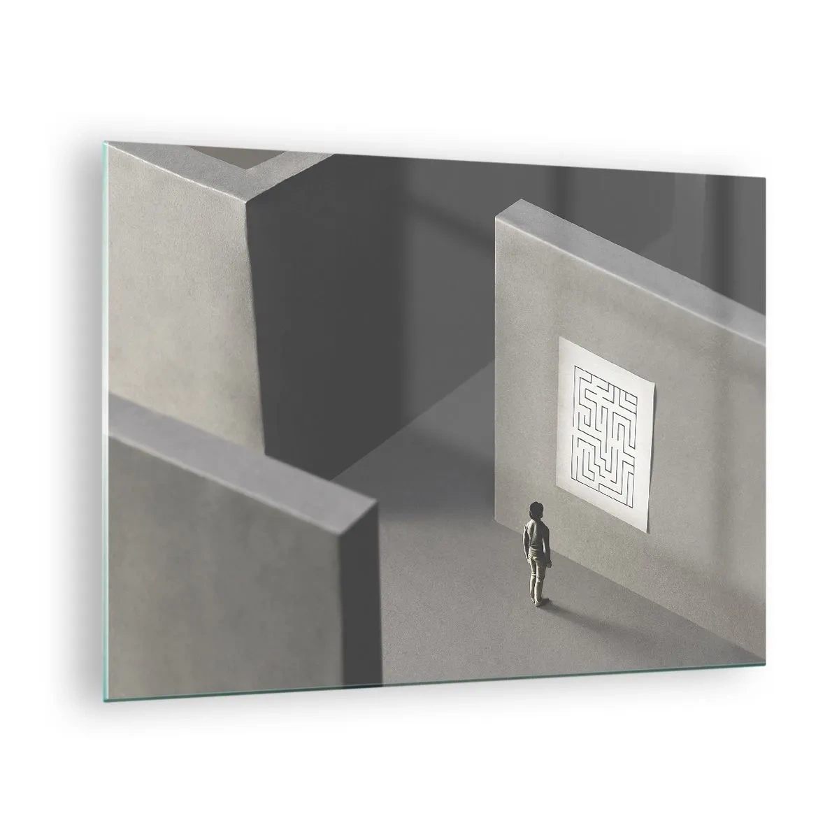 Obraz na szkle - Dziecko w labiryncie z symbolem zagadki - 70x50cm - Ale gdzie jestem? - Nowoczesna dekoracja ścienna do salonu i sypialni ARTTOR