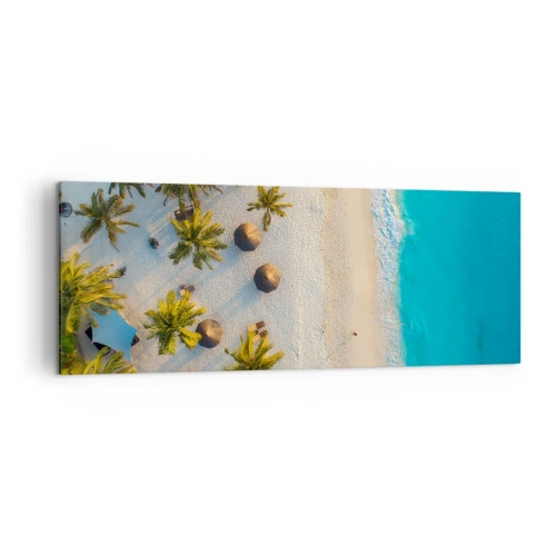 Obraz na płótnie - Widok na tropikalną plażę z palmami i turkusowym morzem - 140x50cm - Witaj w raju - Nowoczesna dekoracja ścienna do salonu i sypialni ARTTOR