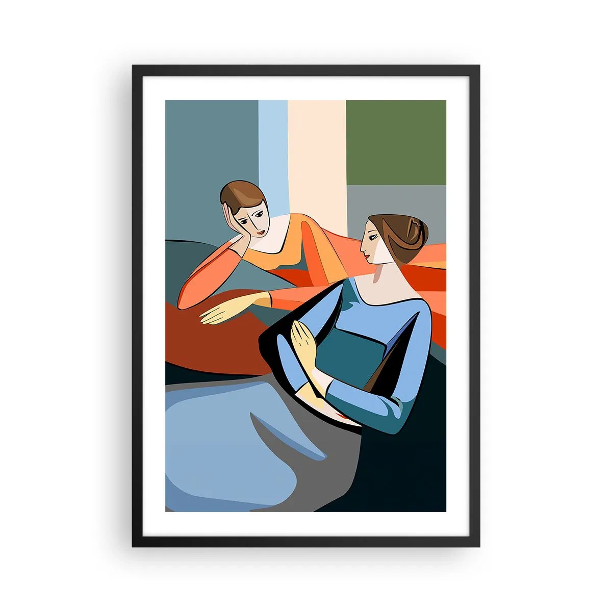 Plakat w czarnej ramie - Nowoczesna ilustracja dwóch kobiet w stylu kubistycznym - 50x70cm - Chwila zwierzeń - Nowoczesna dekoracja ścienna do salonu i sypialni ARTTOR