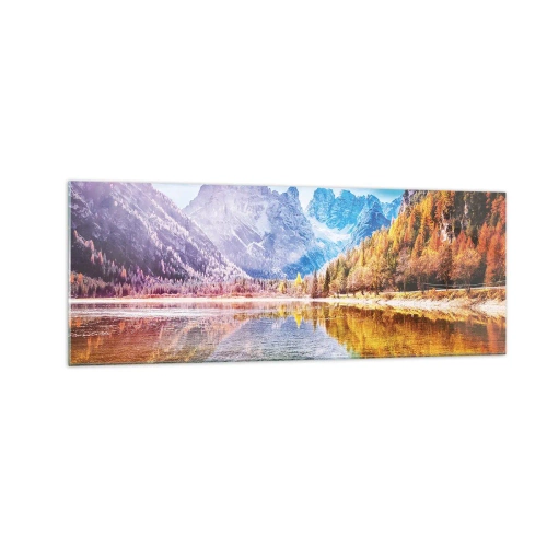 Obraz na szkle - Jesienny krajobraz górski z jeziorem - 140x50cm - A w górach już jesień - Nowoczesna dekoracja ścienna do salonu i sypialni ARTTOR