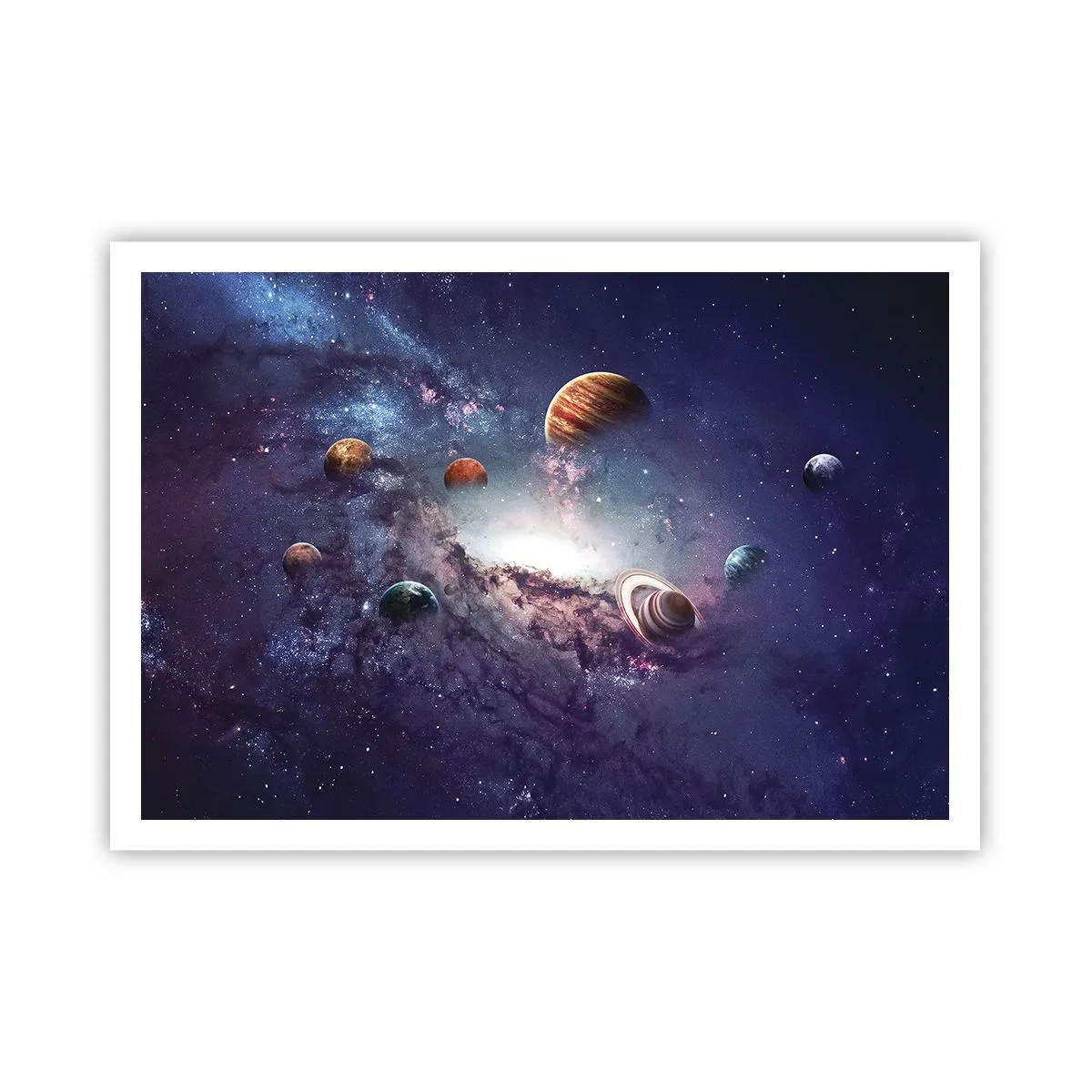 Plakat - Planety w galaktyce na tle mgławicy - 100x70cm - Układ słoneczno-taneczny - Nowoczesna dekoracja ścienna do salonu i sypialni ARTTOR