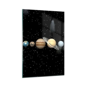 Obraz na szkle - Układ słoneczny z planetami na tle gwiazd w kosmosie - 80x120cm - A planety szaleją, szaleją… - Nowoczesna dekoracja ścienna do salonu i sypialni ARTTOR
