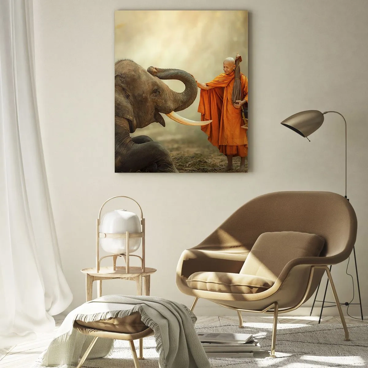 Obraz na szkle - Mnich i słoń w harmonii na tle natury - 70x100cm - Spotkanie w podróży - Nowoczesna dekoracja ścienna do salonu i sypialni ARTTOR
