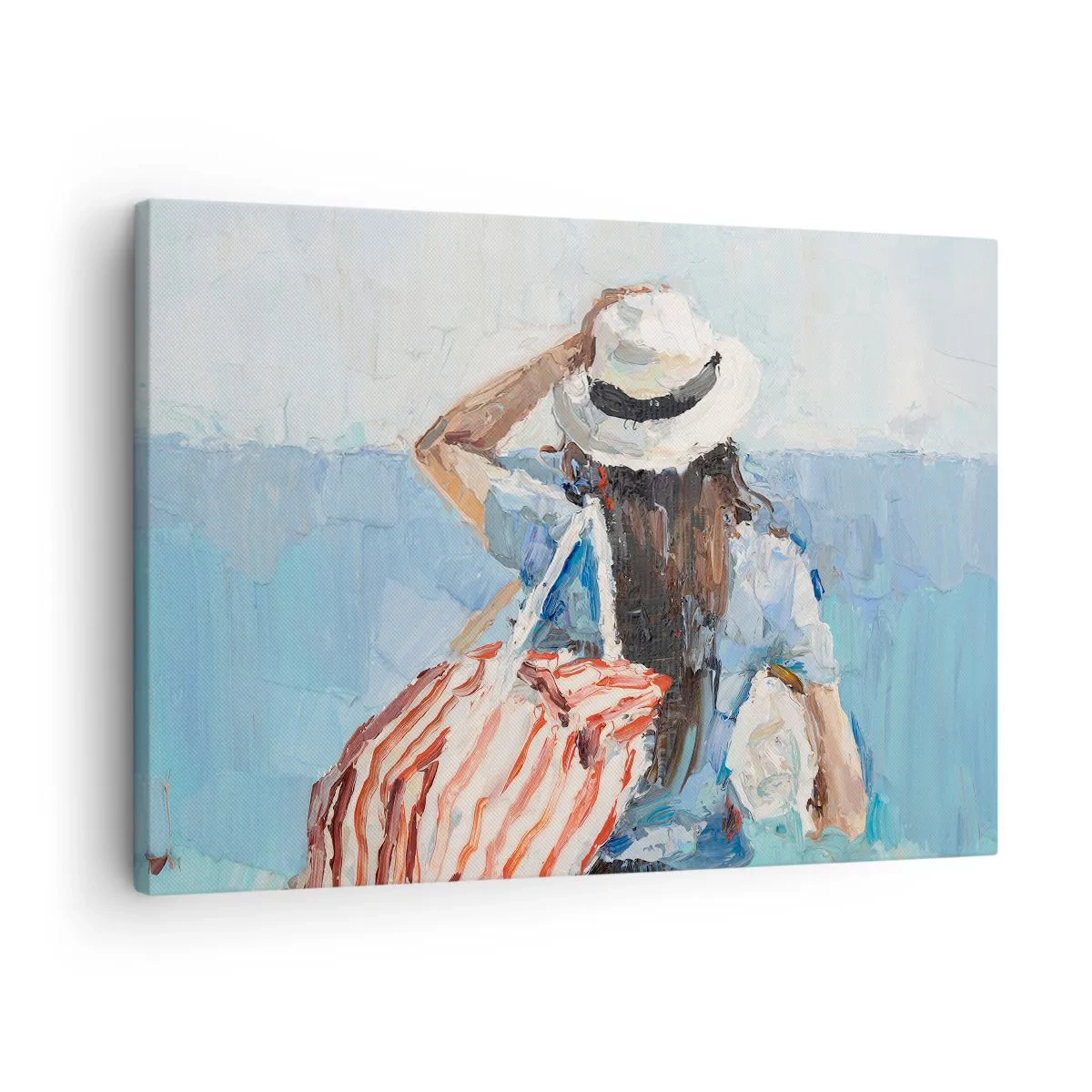 Obraz na płótnie - Kobieta w kapeluszu na tle błękitnego morza - 70x50cm - Witaj na wakacjach - Nowoczesna dekoracja ścienna do salonu i sypialni ARTTOR
