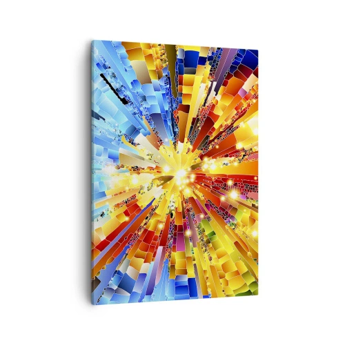 Obraz na płótnie - Dynamiczna abstrakcja w odcieniach żółci, czerwieni i błękitu z efektem eksplozji światła - 50x70cm - In medias res - Nowoczesna dekoracja ścienna do salonu, kuchni i sypialni ARTTOR