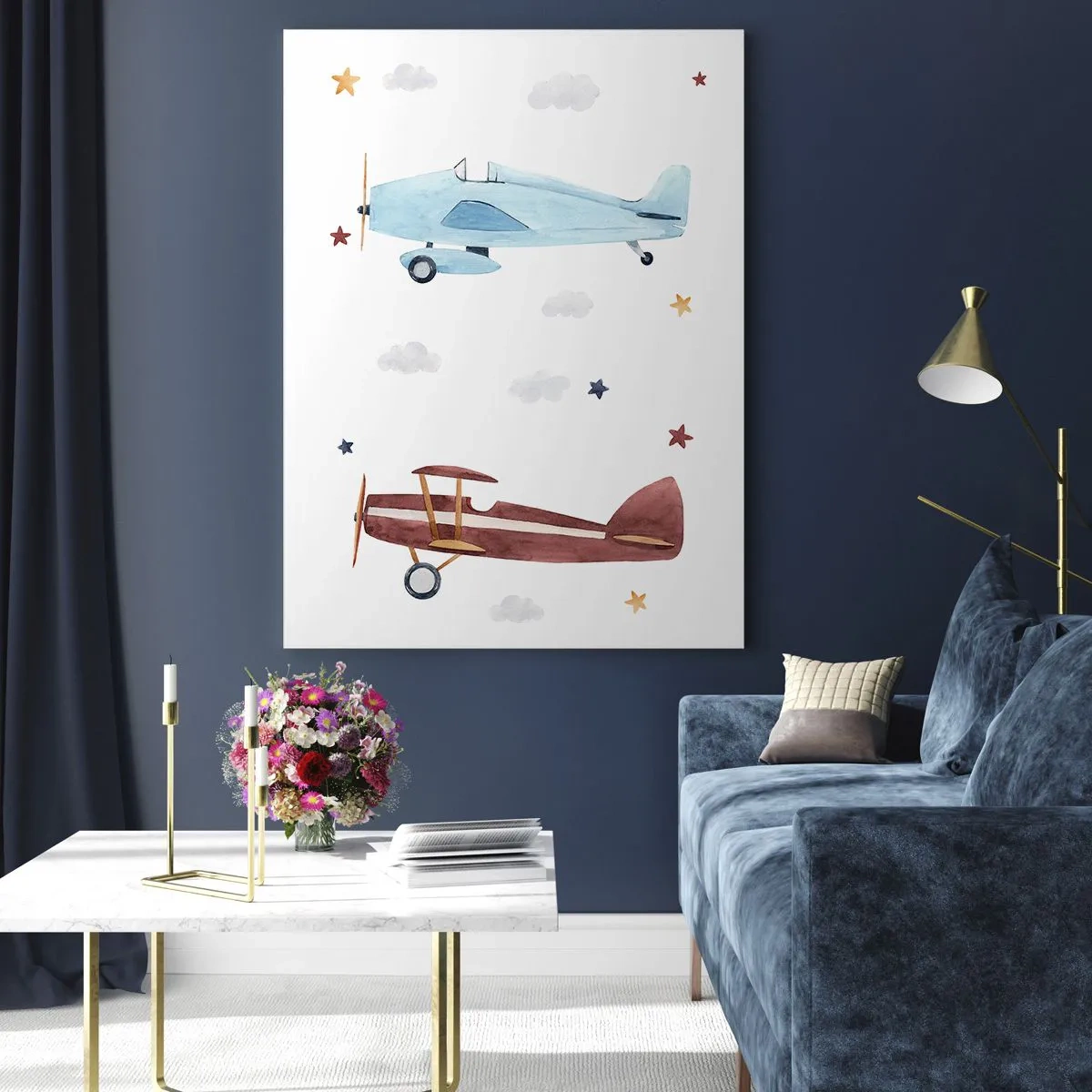 Obraz na szkle - Dwa kolorowe samoloty wśród gwiazd i chmur - 50x70cm - Panie pilocie, czekamy! - Nowoczesna dekoracja ścienna do salonu, kuchni i sypialni ARTTOR