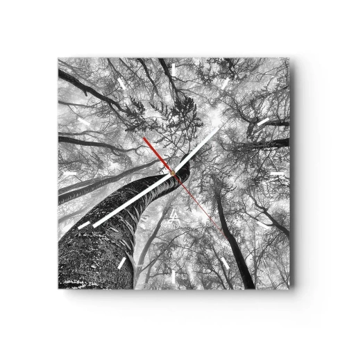 Zegar ścienny - Perspektywa drzew w lesie widzianych od dołu w odcieniach szarości - 30x30cm - Wyścig do światła - Nowoczesna dekoracja ścienna do salonu i sypialni ARTTOR