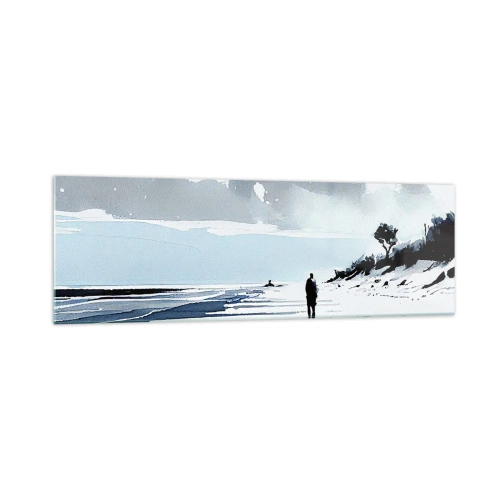 Obraz na szkle - Samotna postać spacerująca po pustej plaży - 160x50cm - Sam na sam - Nowoczesna dekoracja ścienna do salonu i sypialni ARTTOR