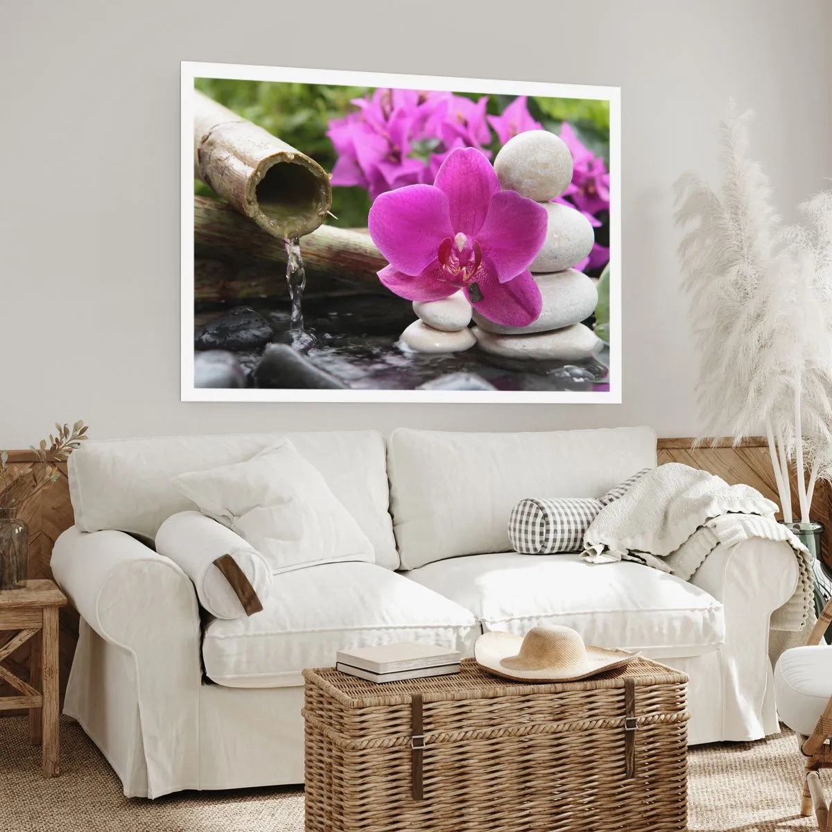 Plakat - Fioletowa orchidea, kamienie i bambus z wodą w relaksacyjnym otoczeniu - 100x70cm - Już odpoczywasz - Nowoczesna dekoracja ścienna do salonu i sypialni ARTTOR