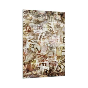 Obraz na szkle - Abstrakcyjna kompozycja z literami i wycinkami tekstu - 70x100cm - Zjednoliterzam paplomanię - Nowoczesna dekoracja ścienna do salonu i sypialni ARTTOR