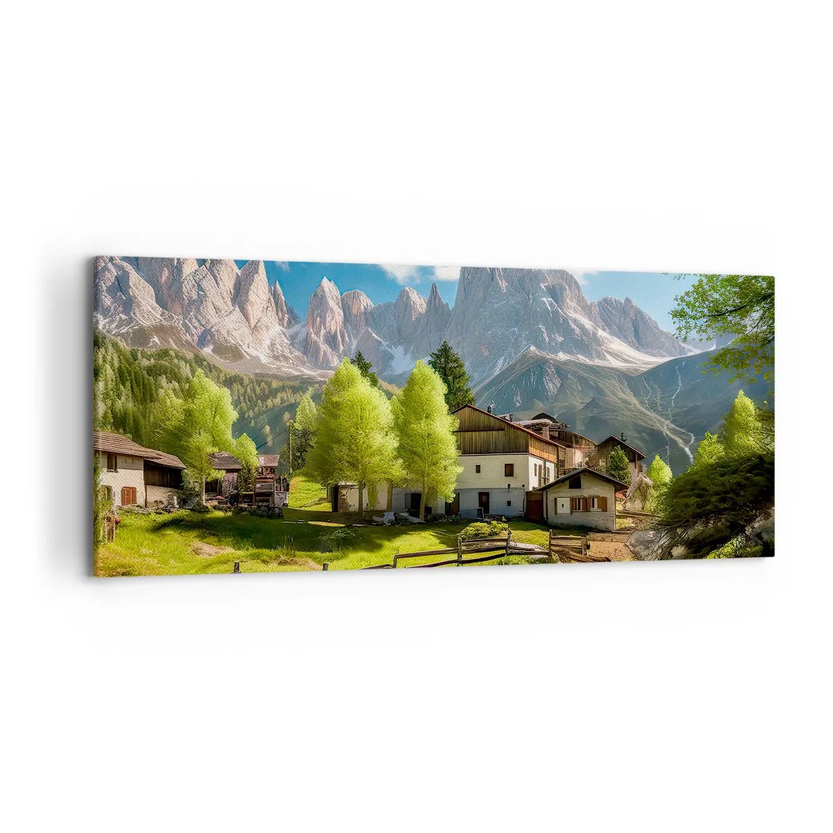 Obraz na płótnie - Górska wioska z domami i widokiem na szczyty Alp - 120x50cm - Alpejska sielanka - Nowoczesna dekoracja ścienna do salonu i sypialni ARTTOR