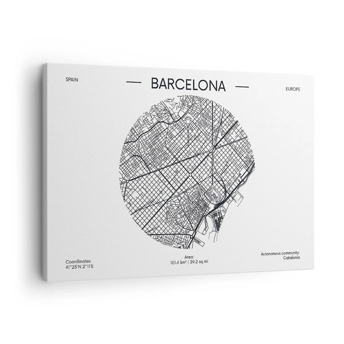 Obraz na płótnie - Mapa Barcelony w minimalistycznym, czarno-białym stylu - 70x50cm - Anatomia Barcelony - Nowoczesna dekoracja ścienna do salonu i sypialni ARTTOR