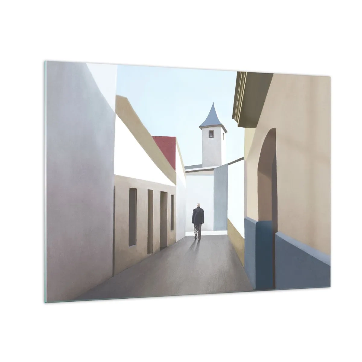 Obraz na szkle - Ulica w słońcu z postacią idącą w oddali - 70x50cm - Słoneczny spacer - Nowoczesna dekoracja ścienna do salonu i sypialni ARTTOR