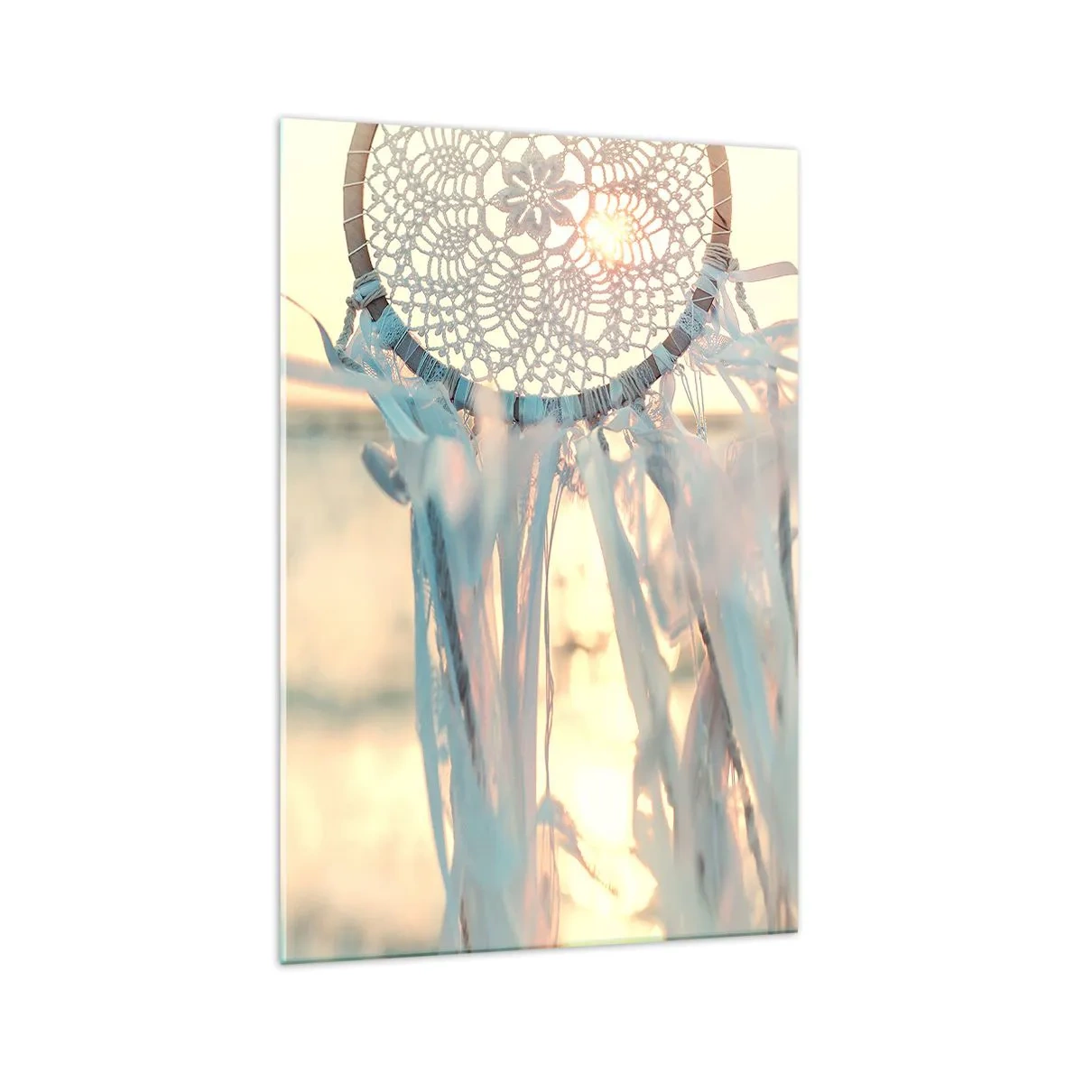 Obraz na szkle - Delikatny łapacz snów na tle zachodzącego słońca - 70x100cm - Koronkowy totem - Nowoczesna dekoracja ścienna do salonu i sypialni ARTTOR