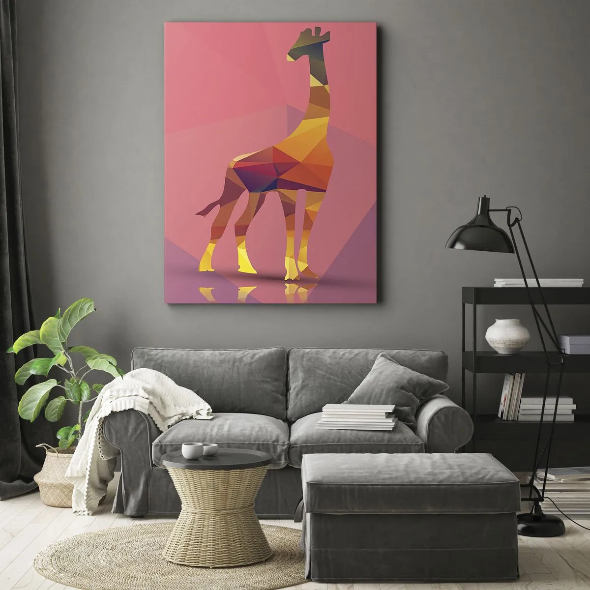Obraz na płótnie - Geometryczna żyrafa w abstrakcyjnej kolorystyce - 50x70cm - W barwach sawanny - Nowoczesna dekoracja ścienna do salonu, kuchni i sypialni ARTTOR
