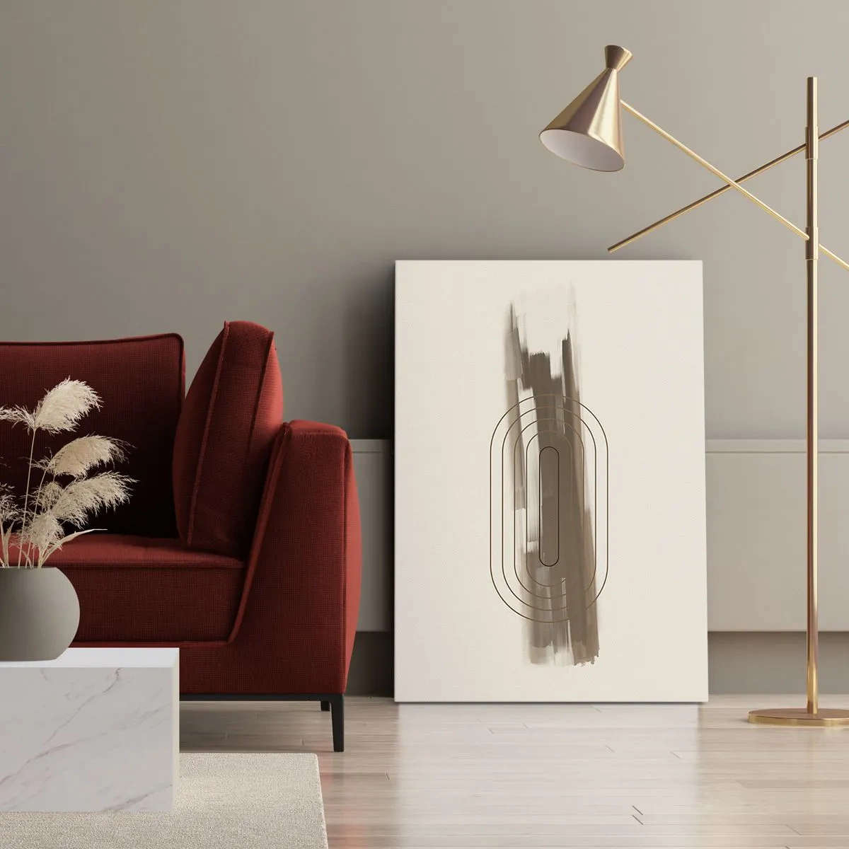 Obraz na płótnie - Minimalistyczna kompozycja z geometrycznym wzorem i pociągnięciami pędzla w odcieniach beżu i brązu - 50x70cm - Powiew szarości - Nowoczesna dekoracja ścienna do salonu, kuchni i sypialni ARTTOR