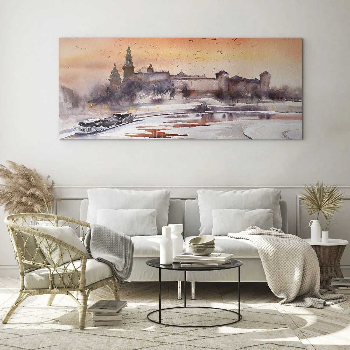 Obraz na szkle - Zachód słońca nad zamkiem w zimowej scenerii - 160x50cm - Królewski zachód słońca - Nowoczesna dekoracja ścienna do salonu i sypialni ARTTOR