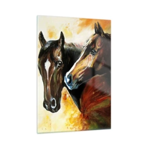 Obraz na szkle - Dwa konie w artystycznej, dynamicznej kompozycji - 50x70cm - Dwa razy więcej wdzięku - Nowoczesna dekoracja ścienna do salonu, kuchni i sypialni ARTTOR