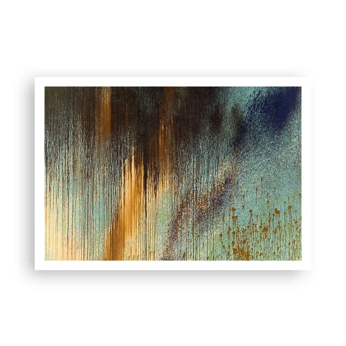 Plakat - Abstrakcyjna kompozycja barw w odcieniach złota, brązu i błękitu - 100x70cm - Nieprzypadkowa barwna kompozycja - Nowoczesna dekoracja ścienna do salonu i sypialni ARTTOR