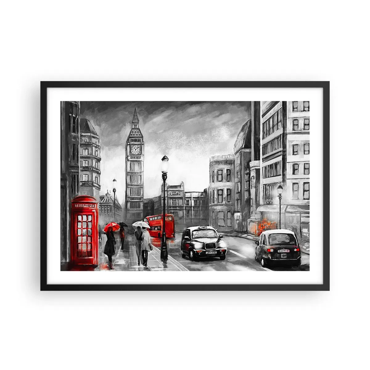 Plakat w czarnej ramie - Scena z Londynu w czarno-białym stylu z czerwonymi akcentami - 70x50cm - Wcale nie szare miasto - Nowoczesna dekoracja ścienna do salonu i sypialni ARTTOR