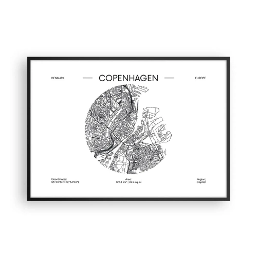 Plakat w czarnej ramie - Mapa Kopenhagi w minimalistycznym, czarno-białym stylu - 100x70cm - Anatomia Kopenhagi - Nowoczesna dekoracja ścienna do salonu i sypialni ARTTOR