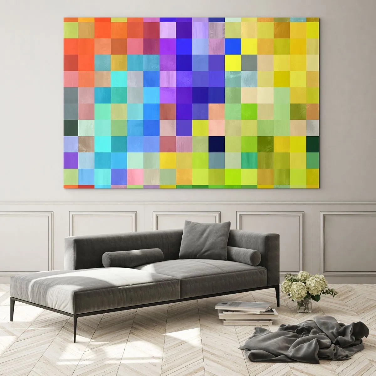 Obraz na szkle - Kolorowe geometryczne bloki w jasnych i żywych odcieniach - 100x70cm - Każdy inny, wszystkie równe - Nowoczesna dekoracja ścienna do salonu, kuchni i sypialni ARTTOR